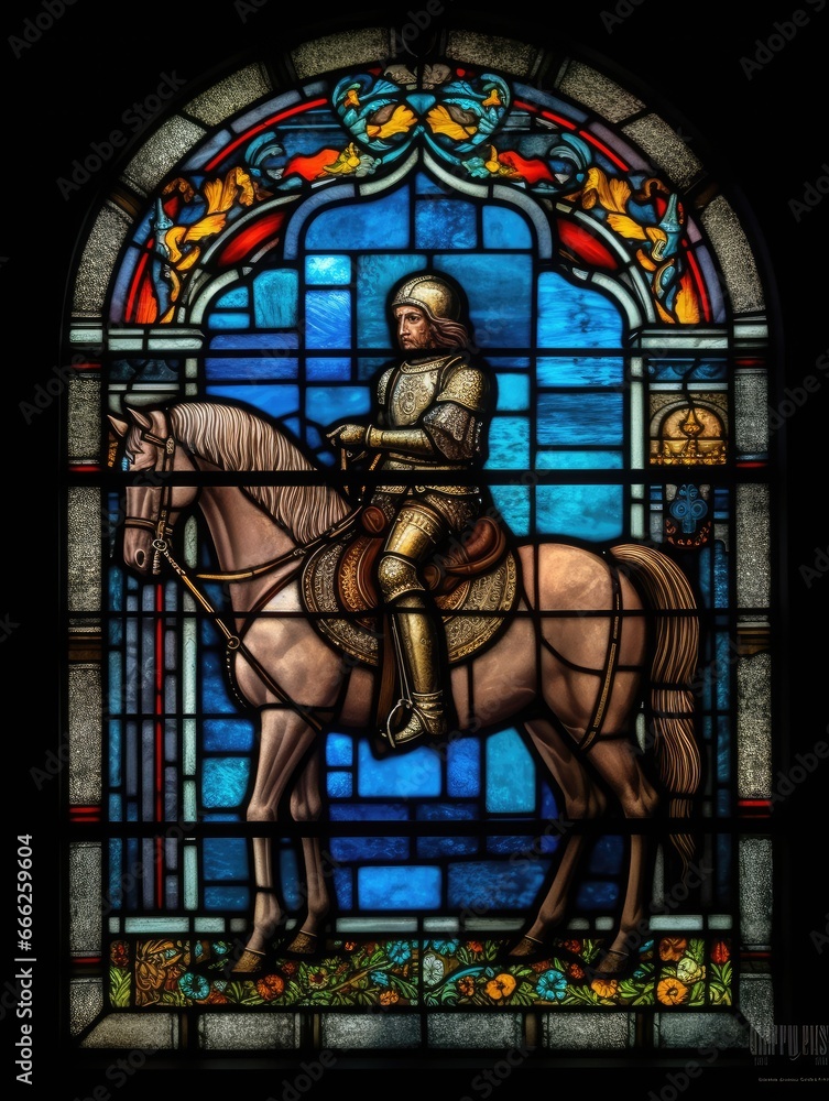 knight horse sword stained glass window mosaic religious collage artwork retro vintage textured