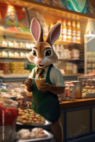 bunny hare work in cafe fast food waiter profession realistic humanized photography smiling