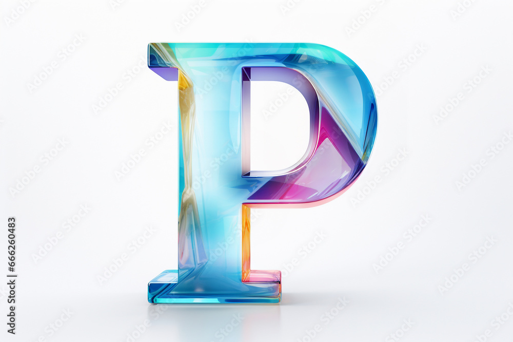 Multicolor glass alphabet, initial letter P isolated on white background, colorful 3D uppercase abc for poster, banner, website layout Multicolor glass alphabet, initial letter P isolated on white background, colorful 3D uppercase abc for poster, banner, website layout