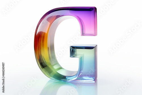 Multicolor glass alphabet, initial letter G isolated on white background, colorful 3D uppercase abc for poster, banner, website layout 