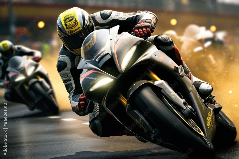Motorcyclists on the race at the race track. Motosport Concept. Background with copy space. 