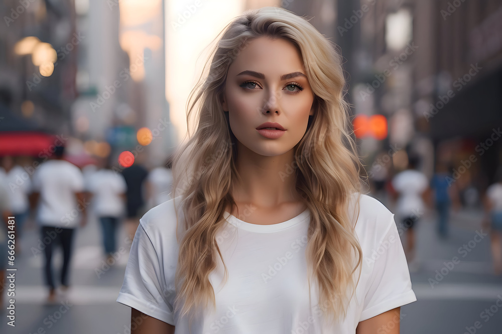 Beautiful young blonde woman in a white T-shirt on a city street