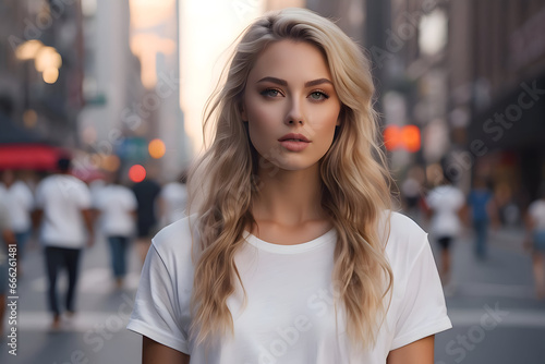 Beautiful young blonde woman in a white T-shirt on a city street