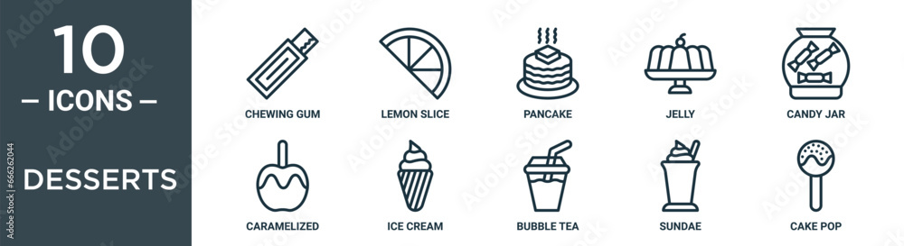 desserts outline icon set includes thin line chewing gum, lemon slice ...