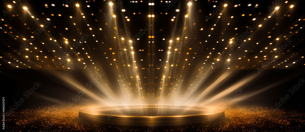Podium with golden light lamps background. Golden light award stage with rays and sparks
 - obrazy, fototapety, plakaty 