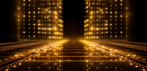 Gold lights rays scene background. Golden light award stage with rays and sparks

