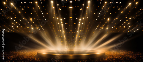 Podium with golden light lamps background. Golden light award stage with rays and sparks 