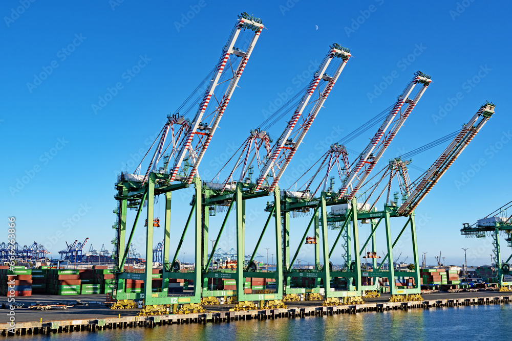 Cranes line the quayside at the Port of Los Angeles container terminal.