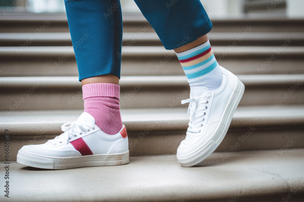 Legs with different pair of socks and white sneakers standing on stairs outdoors. Kid foots in mismatched socks. Odd Socks day, Anti-Bullying Week, Down syndrome awareness concept Legs with different pair of socks and white sneakers standing on stairs outdoors. Kid foots in mismatched socks. Odd Socks day, Anti-Bullying Week, Down syndrome awareness concept