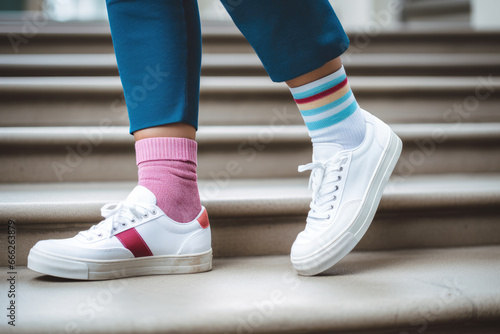 Legs with different pair of socks and white sneakers standing on stairs outdoors. Kid foots in mismatched socks. Odd Socks day, Anti-Bullying Week, Down syndrome awareness concept photo
