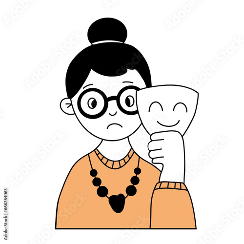 Sad unhappy woman woman with happy smiling mask. Vector illustration. Psychology, mood changes, personality concept