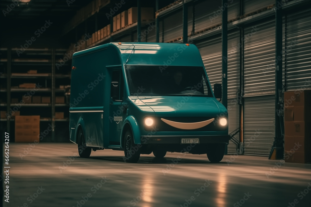 Electric Van Delivering in warehouse. Electric cargo van. Modern E Delivery EV truck. Production of Electric delivery van for Transport logistics. Driverless rivan in warehouse. Ai Generative