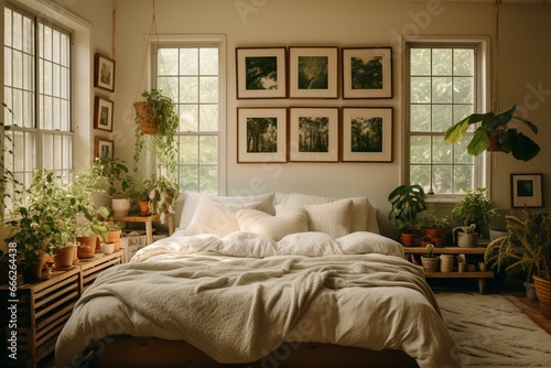 Empty picture frames hang above the bedroom with a spacious bed, pillows, and potted plants. Generative AI