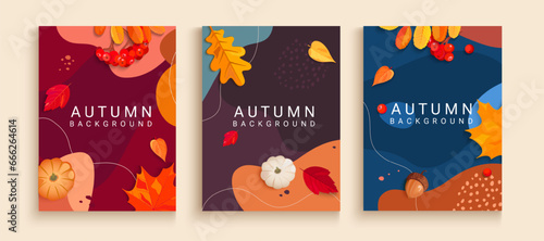 Set of vertical autumn abstract banners with colorful fall leaves,rowanberries,acorns,pumpkins and place for text.Fall season flyers,presentations,promo,web,leaflet,poster,invitation.Vector.