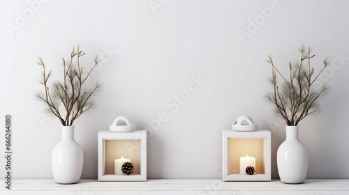 Empty white wall mock up with pine branches in vases, wooden deer candles and lantern. Generative Ai