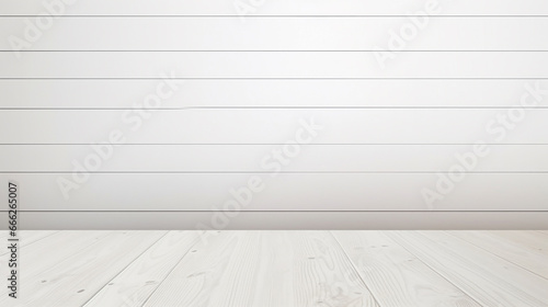 Empty wooden white table with blank space white wall background. Generative Ai © Witri