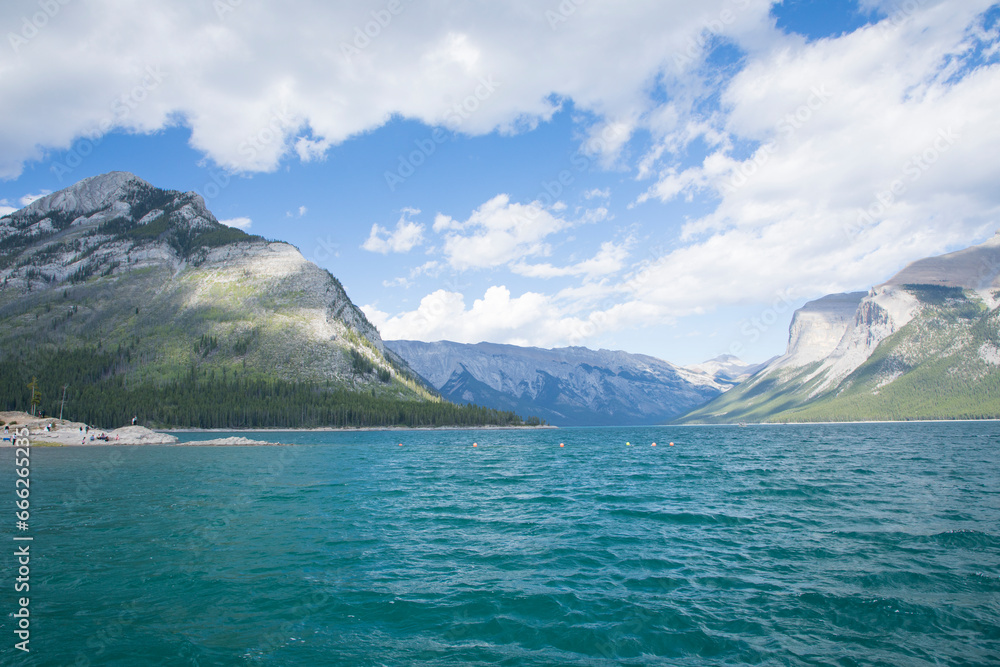 Beautiful view of Minnewanka Lake in Banff National Park in Canada