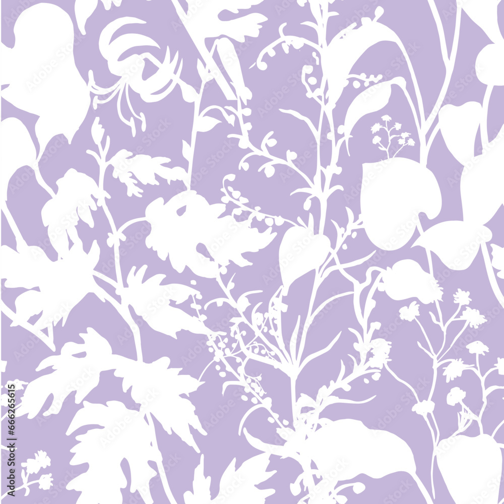 Seamless pattern with herbs and flowers. Botanical silhouettes of herbs and leaves of garden and field summer plants in vector for textiles Seamless pattern with herbs and flowers. Botanical silhouettes of herbs and leaves of garden and field summer plants in vector for textiles