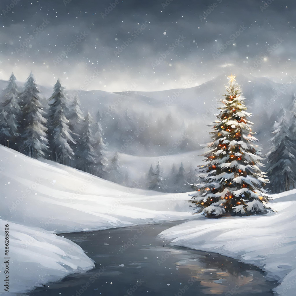 Snow covered Christmas tree in winter wonderland. Christmas gift card cover