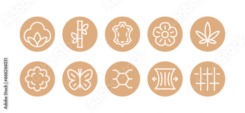 Synthetic and natural fibers. Set of fabric types icons