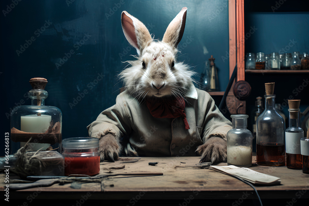 Picture of an injured rabbit sitting in a laboratory dressed as a scientist, medical experimentation on animals and its problems, creepy, horizontal - obrazy, fototapety, plakaty 