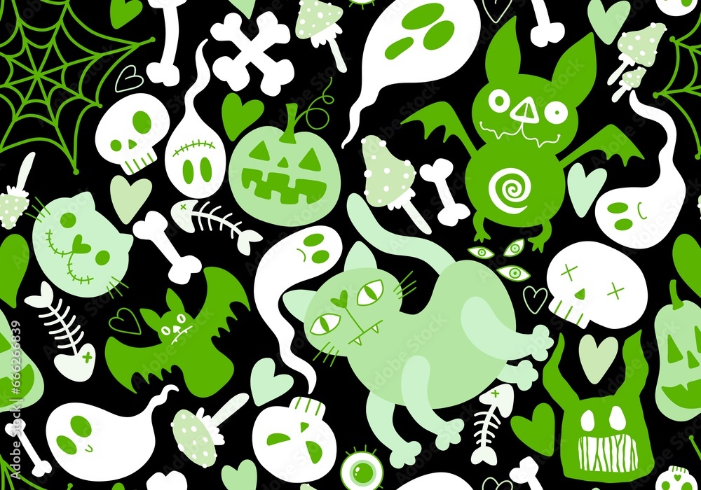 Naklejka premium Halloween cat and pumpkins seamless ghost and skulls and poison pattern for wrapping paper and fabrics