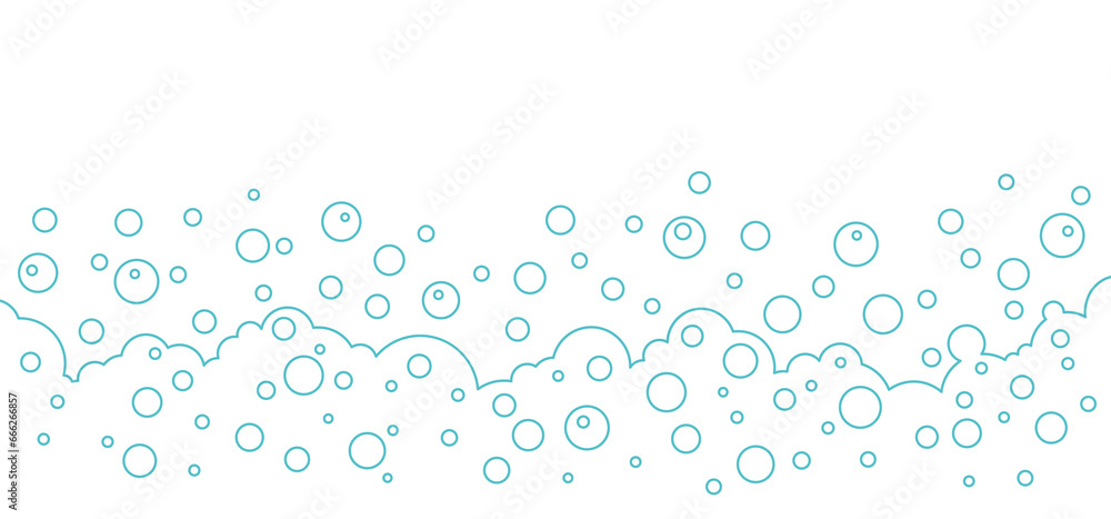 Soap bubbles blue background, cartoon foam outline frame, water line pattern, transparent suds. Abstract vector illustration - obrazy, fototapety, plakaty 