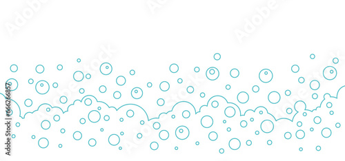 Soap bubbles blue background, cartoon foam outline frame, water line pattern, transparent suds. Abstract vector illustration