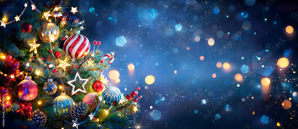 Christmas Tree With Ornaments In Blue And Bokeh Lights - Real Fir Branches With Glittering In Abstract Defocused Background - This Image Contain 3d Rendering Elements - obrazy, fototapety, plakaty 
