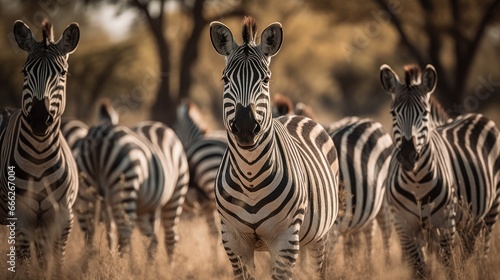 Group of zebras in African Savannah. Wildlife Concept. Background with copy space. 