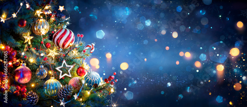 Christmas Tree With Ornaments In Blue And Bokeh Lights - Real Fir Branches With Glittering In Abstract Defocused Background - This Image Contain 3d Rendering Elements