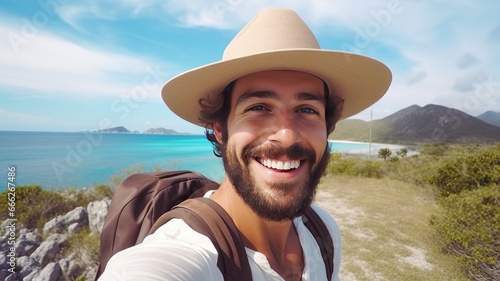 Happy Handsome man taking selfie on the beach. tourist having fun walking outside on summer vacation. Travel, holidays and landmarks concept