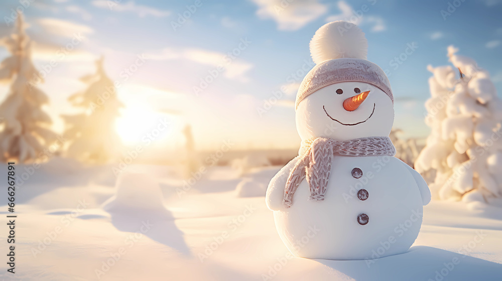 Obraz premium Happy snowman with scarf and hat