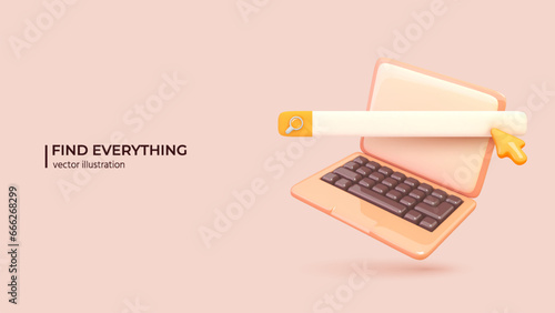 Artificial Intilect Search Engine - 3D Concept. Realistic 3d design of Modern Laptop and search bar icon. 3D Vector illustration in cartoon minimal style.