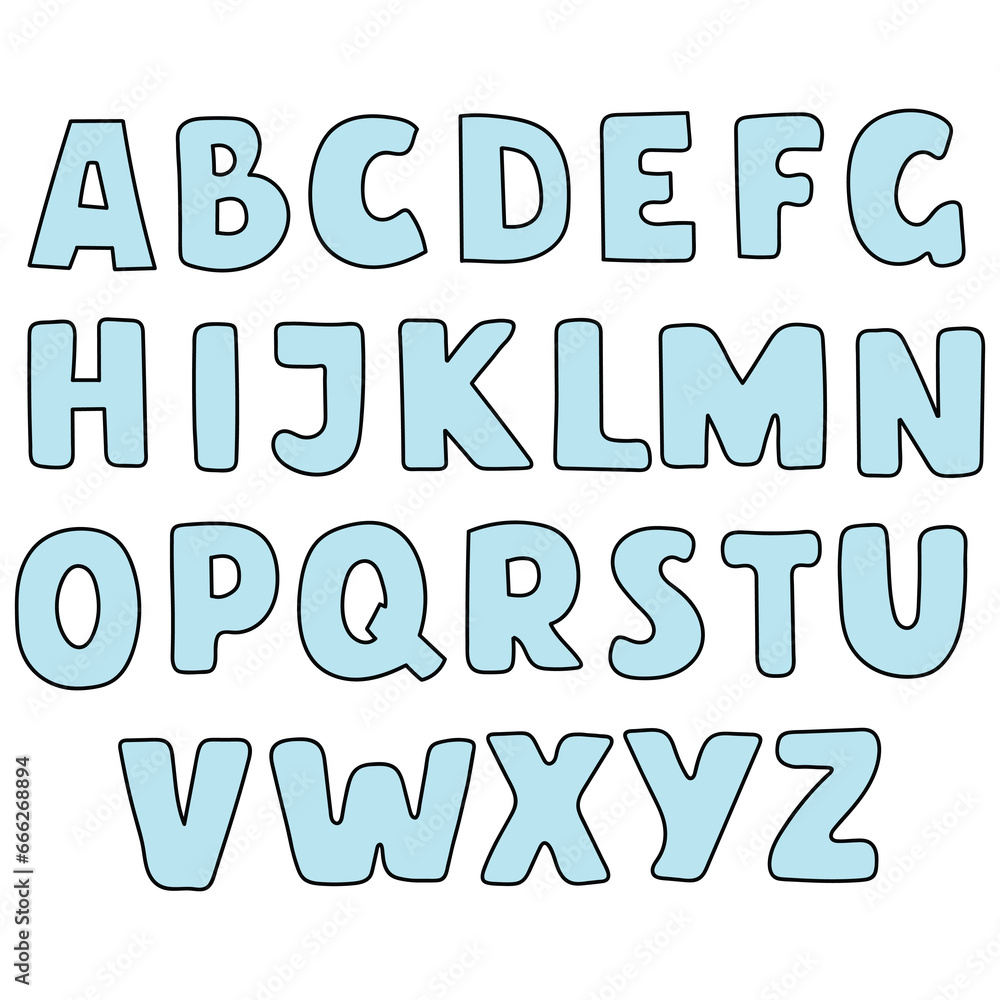 A hand-drawn cartoon English alphabet in blue on a white background.