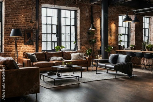Contemporary urban loft apartment with open-concept living area  exposed brick walls  and industrial-style furniture. Interior design for a trendy city dwelling