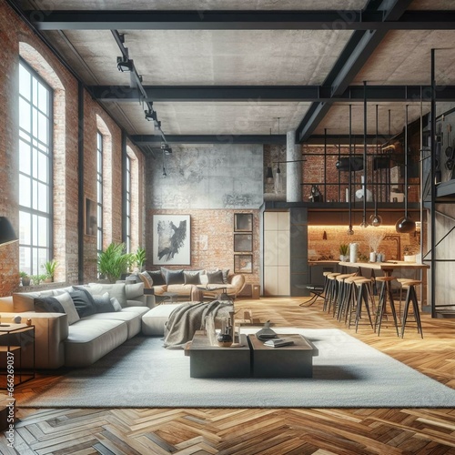 Contemporary urban loft apartment with open-concept living area, exposed brick walls, and industrial-style furniture. Interior design for a trendy city dwelling