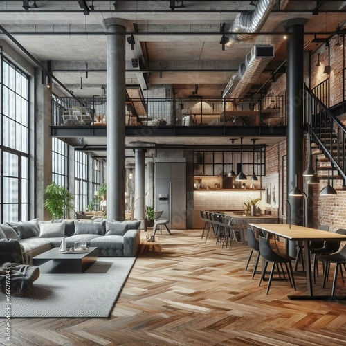 Contemporary urban loft apartment with open-concept living area, exposed brick walls, and industrial-style furniture. Interior design for a trendy city dwelling