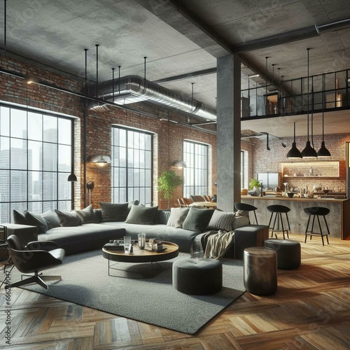Contemporary urban loft apartment with open-concept living area, exposed brick walls, and industrial-style furniture. Interior design for a trendy city dwelling © Carlos