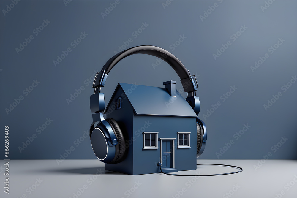 soundproofing home concept, dark blue house with headphones on minimalistic blue background - obrazy, fototapety, plakaty 