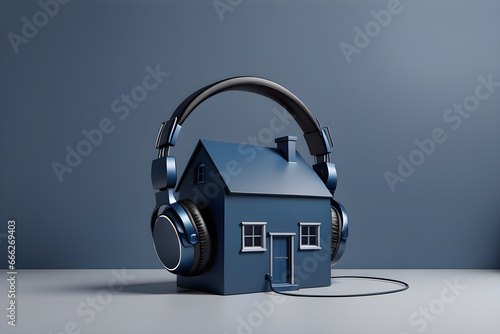 soundproofing home concept, dark blue house with headphones on minimalistic blue background photo