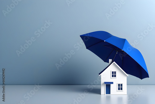 house waterproofing concept, house under an umbrella on a minimalist background photo