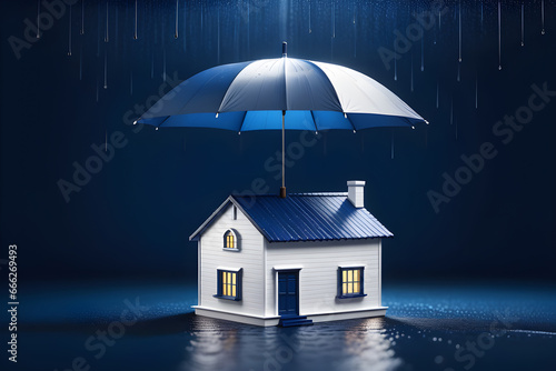 house waterproofing concept, house under an umbrella on a minimalist background