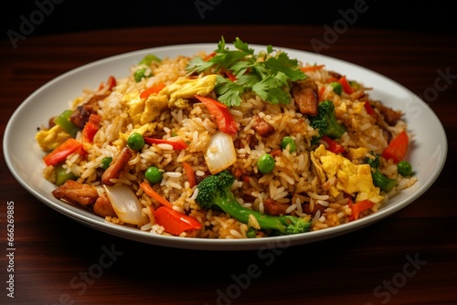 A popular stir-fried rice dish mixed with veggies, eggs, and meat. Generative AI