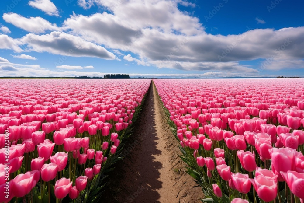 A breathtaking view of a vast tulip field that extends towards the horizon. Generative AI