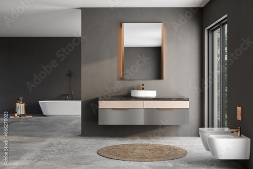 Modern minimalist bathroom interior  modern bathroom cabinet  white sink  wooden vanity  interior plants  bathroom accessories  bathtub  black walls  concrete floor.