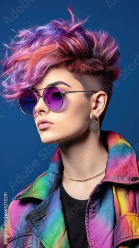 A woman with colorful hair wearing sunglasses. Vibrant pop art image.