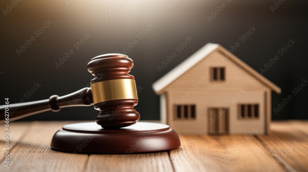 A Miniature House and Gavel on a Table, Representing Real Estate Law A Miniature House and Gavel on a Table, Representing Real Estate Law
