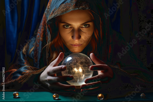 Fortune teller holding a crystal ball to tell the future.  photo