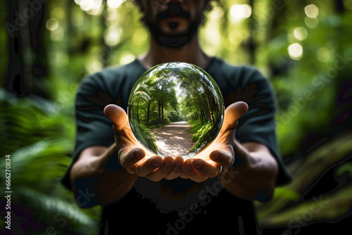 Man holding a glass orb in the forest representing the future of nature. 